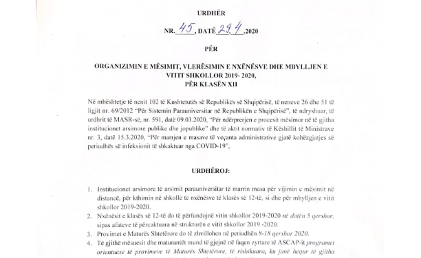 Urdher per “Organizimin e mesimit, vleresimin e nxenesve dhe mbylljen e vitit shkollor 2019-2020, per klasen XII”.