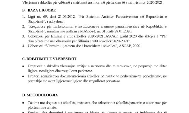 Platforma për vlerësimin e shkollës, për cilësinë e shërbimit arsimor, në përfundim të vitit mësimor 2020-2021