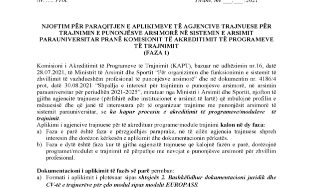 Njoftim për paraqitjen e aplikimeve të agjencive trajnuese për trajnimin e punonjësve arsimorë në sistemin e arsimit parauniversitar pranë KAPT