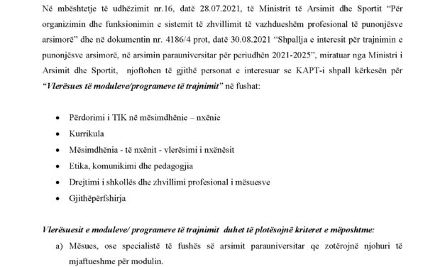 Njoftim për “Vlerësues të moduleve/programeve të trajnimit”