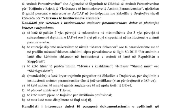 Njoftim për aplikim vlerësues të institucioneve arsimore parauniversitar